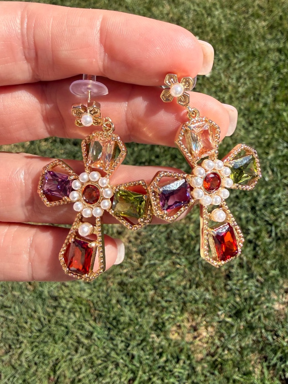 Multicolored cross earrings with pearl accents